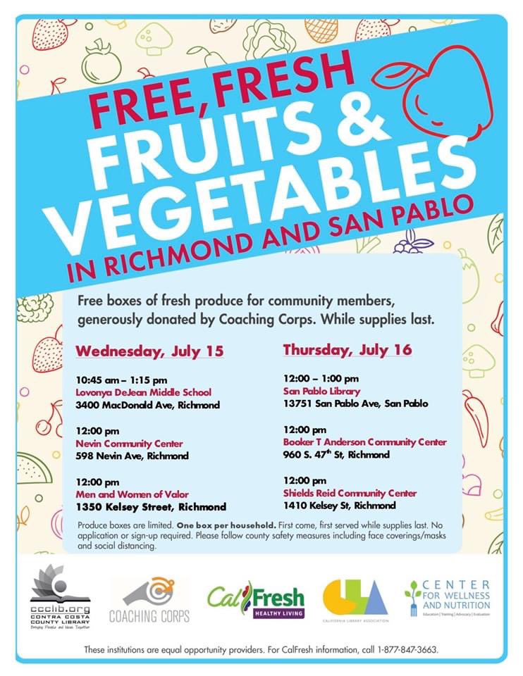 roberthrogers1's tweet image. 🍊🍎🍋🥦pop-up produce in West Contra Costa, thanks to Coaching Corps!🍇🍓🍐🌽  **Also** FREE summer meals for kids&amp;amp;teens (comida gratis para los niños!) at @SanPabloLibrary , Lovonya DeJean, Booker T Anderson, Nevin and Shields-Reid. FREE books too @supejohngioia @CoCoHealth