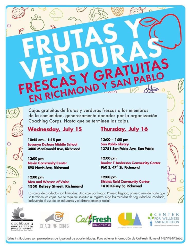 🍊🍎🍋🥦pop-up produce in West Contra Costa, thanks to Coaching Corps!🍇🍓🍐🌽  **Also** FREE summer meals for kids&amp;teens (comida gratis para los niños!) at <a href="/SanPabloLibrary/">SanPabloLibrary</a> , Lovonya DeJean, Booker T Anderson, Nevin and Shields-Reid. FREE books too <a href="/supejohngioia/">John Gioia</a> <a href="/CoCoHealth/">Contra Costa Health</a>