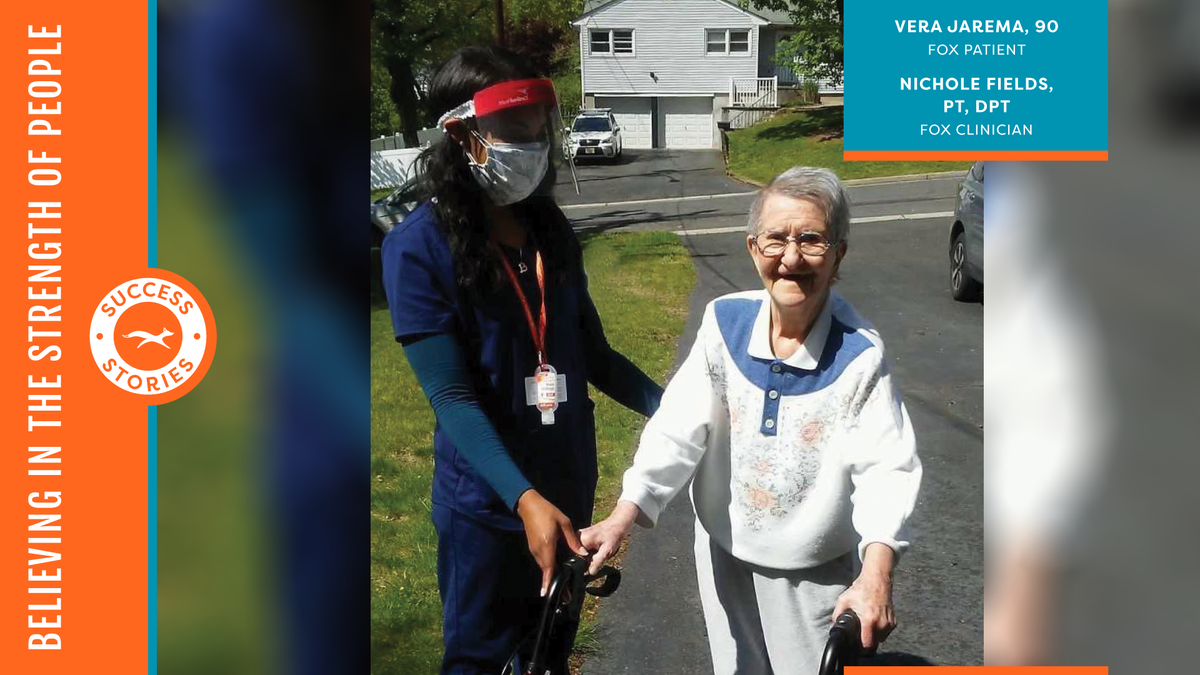 FOXRehab's tweet photo. “...Today she [Vera Jarema, 90] was able to complete all three tasks with less assistance. Using a rollator, she walked down her driveway and block while neighbors celebrated her success by waving from their windows.” - Nichole Fields, PT, DPT. 

#FOXfeats #FlattenTheCurve #PT https://t.co/bOPAmvoXhj