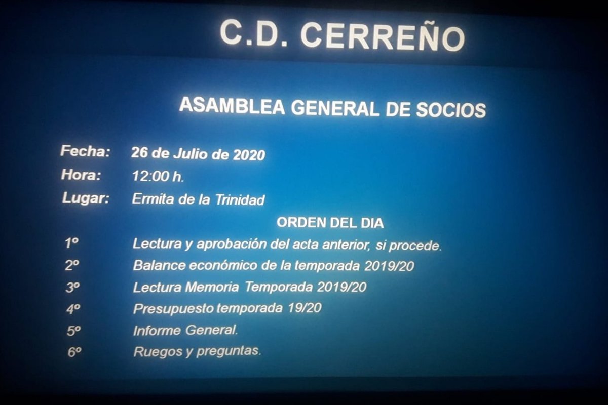 Tras pasados unos días, es tiempo de seguir trabajando para que el CD Cerreño siga compitiendo al máximo nivel, codo a codo con directiva, plantilla y socios. 
Para el próximo domingo 26 de julio de 2020 en la Ermita de la Trinidad, a las 12:00h tenemos la Asamblea general.