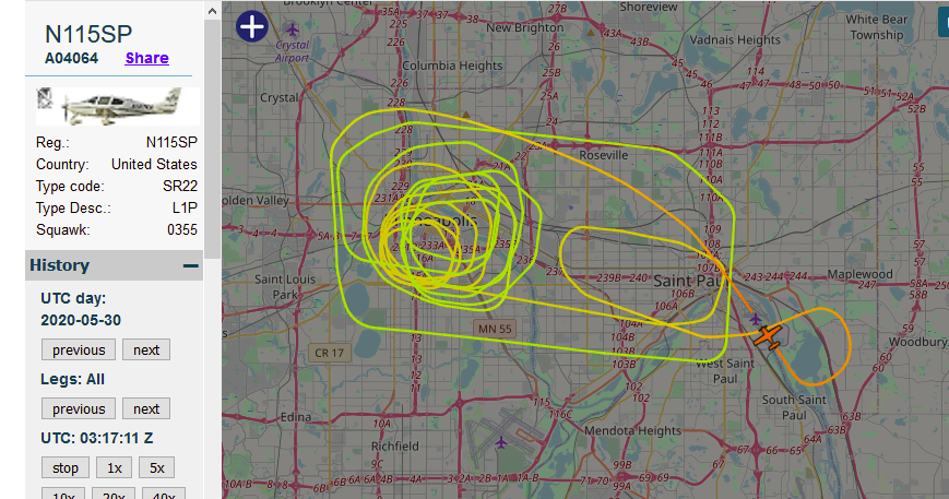 MinneapoliSam's tweet photo. Requested video and data from the State Patrol plane that circled Minneapolis on multiple days during the uprising. https://t.co/XAZkAMg1bT