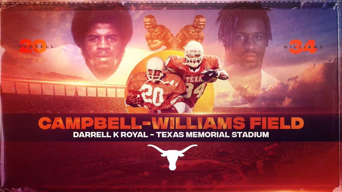 At the request of the Jamail family, Joe Jamail Field will now be named in honor of our Longhorn Legends and Heisman Trophy winners Earl Campbell &amp; Ricky Williams. The official name is now Campbell-Williams Field. 🤘

#ThisIsTexas #HookEm