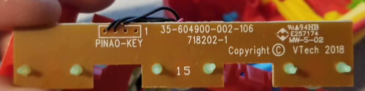 Also the other PCBs said copyright VTech 2019, this one says 2018. Huh. Maybe this was recycled off an earlier design?Also: Pinao-keys.I'm sure that's some highly technical term I don't know about and they didn't just typo "Piano-key"