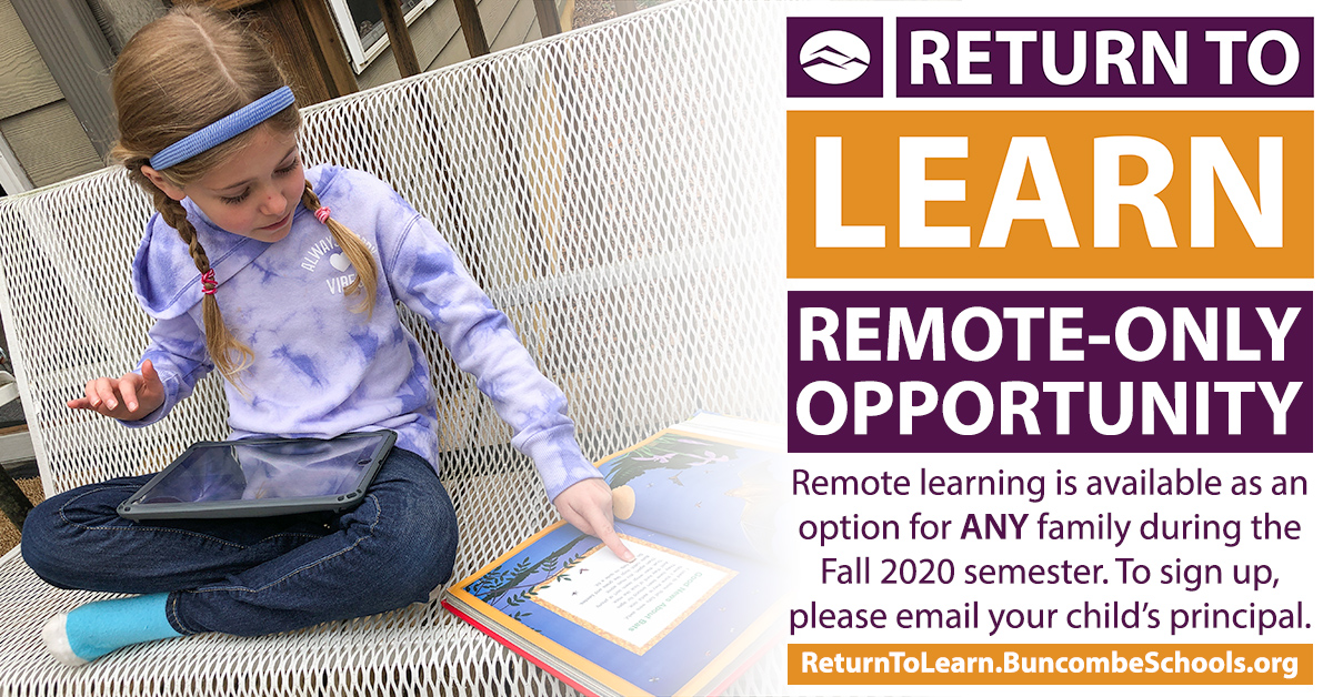 BuncombeSchools's tweet photo. Remote learning is available as an option for ANY family during the Fall 2020 semester. To sign up, please email your childβs principal.
.
#BCS #WeAreBCS #BCSadvantage #BCSstrong #WNC #the828 #828isGreat #PublicSchoolProud #Asheville #BCready #BuncombeReady #COVID19 https://t.co/T9nhzZR7sP