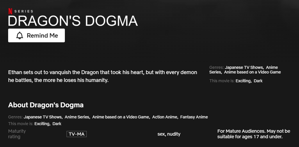 Dragon's Dogma description and tags on Netflix  https://www.netflix.com/title/80992784 
