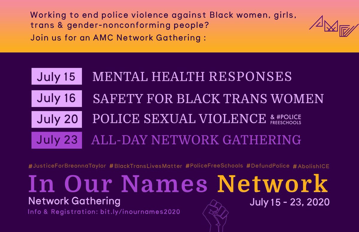AboutFreedomInc's tweet photo. If you enjoyed Freedom, Inc's Gender Justice Week of Action, you should attend the #InOurNamesNetwork gathering at the 2020 Virtual @AlliedMediaConf! Join organizations across the country working to end police violence against Black women, girls & TGNC folks to talk. https://t.co/8mLJRhYqTl
