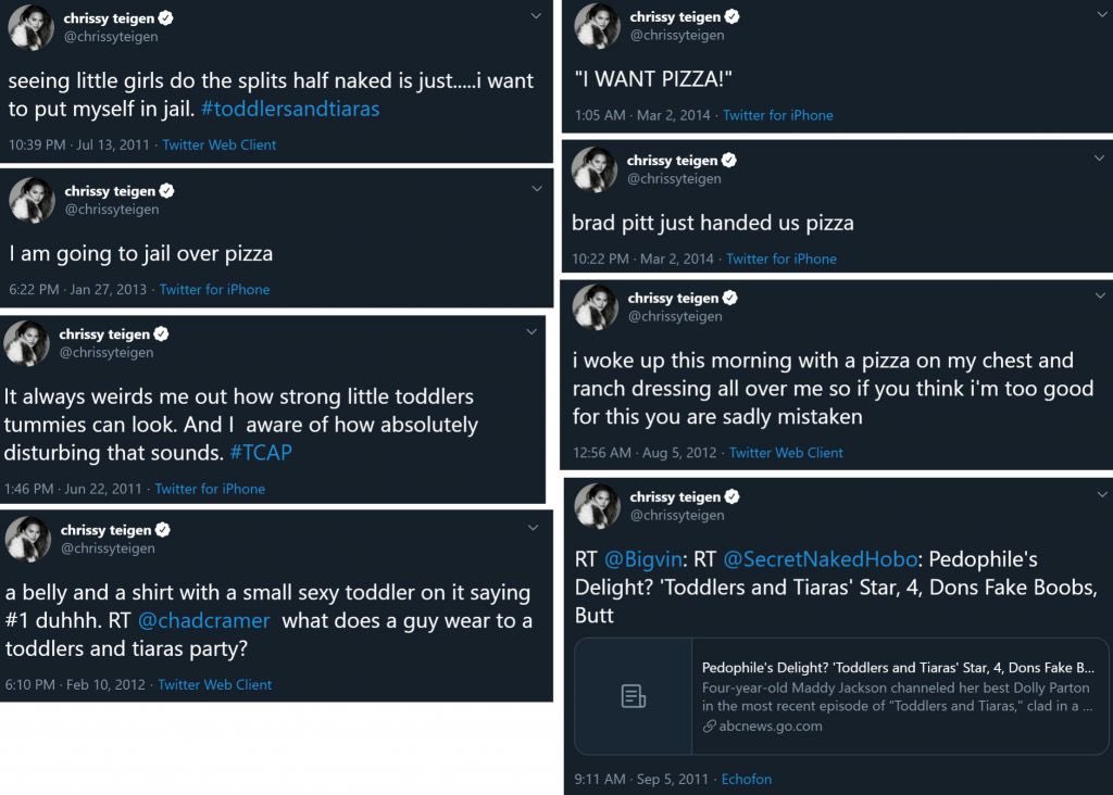 And here’s a collage of tweets someone made that people are finding as red flags... i don’t understand the obsession with pizza.. it’s weird, but not as weird as the toddler comments imo