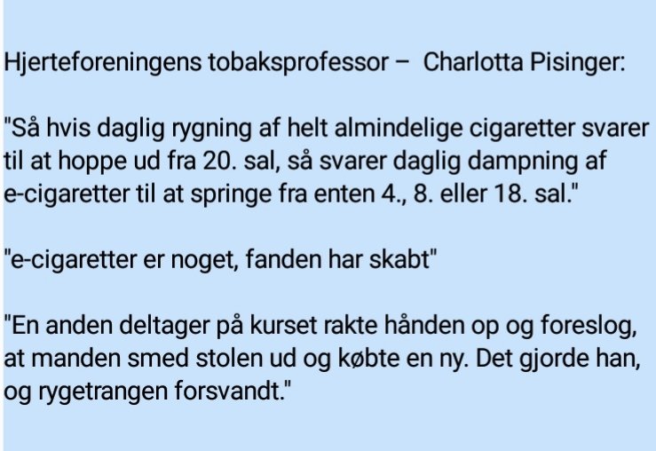 TStalung's tweet photo. @Hjerteforening Citater uden bevis fra Charlotta Pisinger, tobaksprofessor hos @Hjerteforening
#sundpol #ecigaretter #rygning #tobak #edamp #cigaretter #dkpol https://t.co/V3dlZIJmwQ