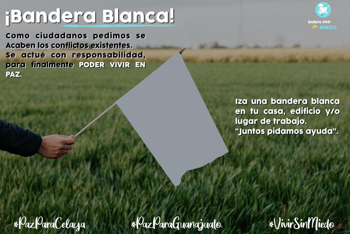 feer_lunaa's tweet photo. Hagamos viral que nuestro Estado necesita cambiar, queremos vivir sin miedo, exigimos paz. Por ello te pedimos colocar una bandera blanca en tu casa, local y lugar de trabajo, y compartir una fotografía en tus redes con los hashtag:

#PazParaCelaya 
#QuieroVivirSinMiedo https://t.co/hSPXaKhqPu