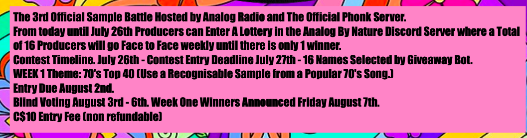 cdkmedia's tweet photo. Sample Battle Part III has arrived. cdk in association with Phonk Server will be hosting themed sample battles in the Analog by Nature discord. Check bio for links and discord for full details. @dlive_retweet #samplebattle #phonk #mix #analogartists #analogbynature https://t.co/qPLLhTAzax