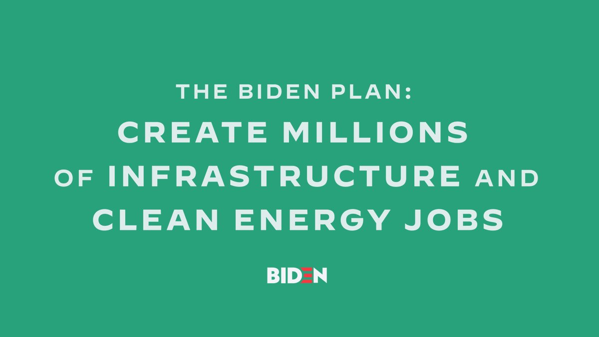 JoeBiden's tweet image. We&apos;re facing an economic crisis and a climate crisis.  

As president, I&apos;ll create millions of jobs building resilient roads and bridges, manufacturing electric vehicles, and weatherizing homes and buildings. 

Learn more: JoeBiden.com/Clean-Energy