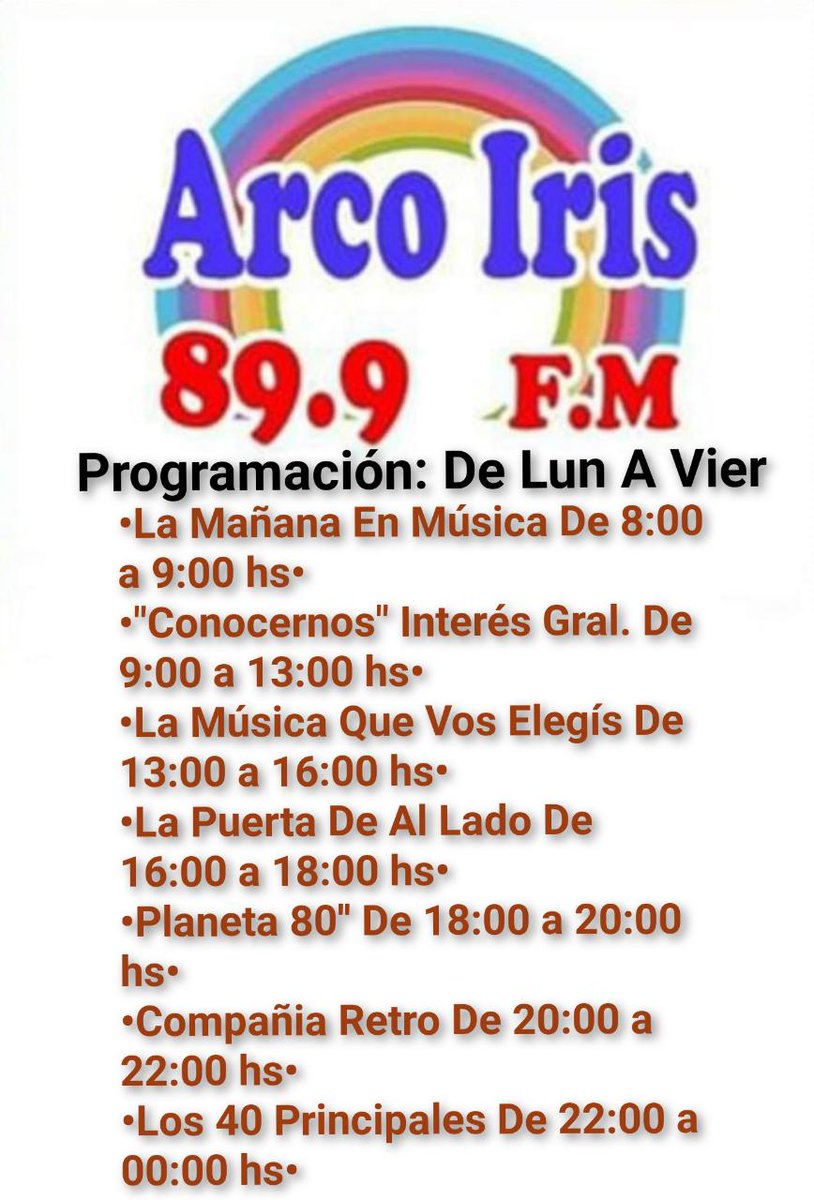 FmArcoiris's tweet photo. Programacion lunes a viernes fm Arco Iris 89.9 Santa María de Punilla https://t.co/a2HCb7ncFW