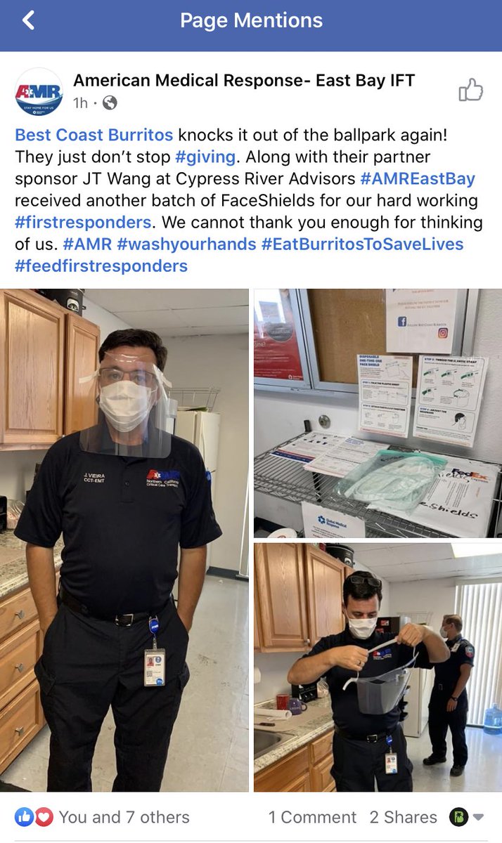 BCBurritos's tweet photo. Throughout this pandemic, our family has not wavered in our commitment whether by burritos for first responders or PPE to protect their lives. We are in this and wonโt shy away from doing good by our community. Letโs go. #feedthefirst #CaliforniaLove https://t.co/tf8cOyMKxS
