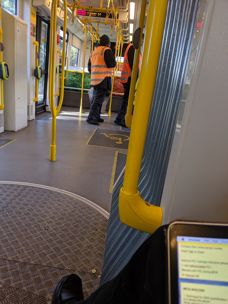 iCatHalo's tweet photo. Number of Yarra Tram employees sitting on the 96 chatting among themselves: 3. 
Number of face masks between them: ZERO.
Way to lead by example in the middle of an outbreak, @yarratrams.
#COVID19Aus 
#melbournelockdown https://t.co/AbFk0Edb10
