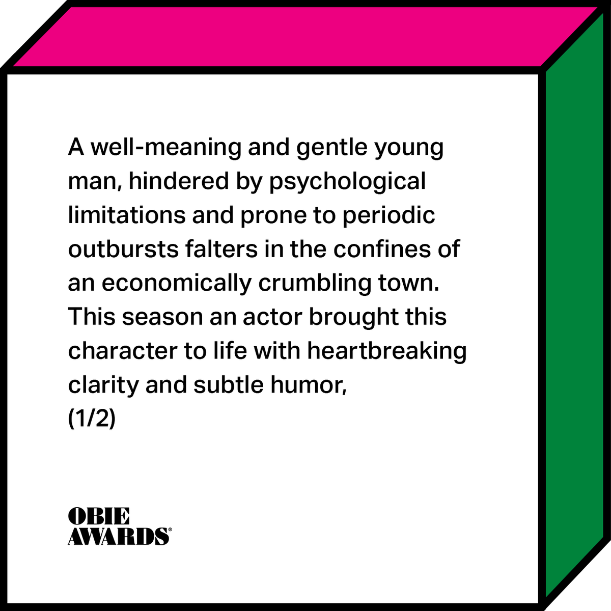obieawards's tweet photo. For his sensitive, yet monumental performance as Joe Bunker in GREATER CLEMENTS, the judges have awarded an Obie to EDMUND DONOVAN. #ObieAwards @LCTheater https://t.co/PupGIO7QuK https://t.co/qijns9C113