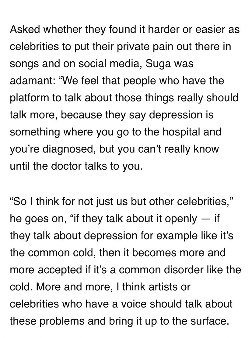 SUGA BTSyoongi has spoken often about mental health and how he wants bts to be a beacon of hope for his fans. not only does he use his platform to speak about mental health but he also shamelessly criticises the sk govt, education and capitalism through his lyrics