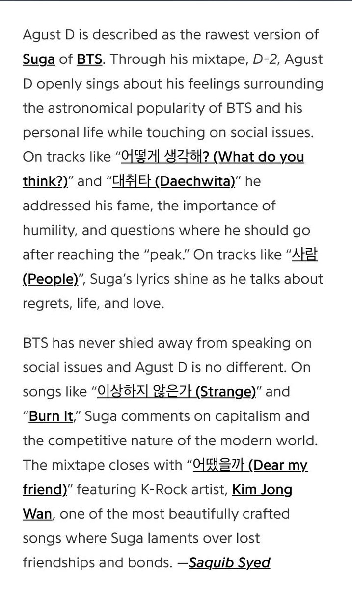 SUGA BTSyoongi has spoken often about mental health and how he wants bts to be a beacon of hope for his fans. not only does he use his platform to speak about mental health but he also shamelessly criticises the sk govt, education and capitalism through his lyrics