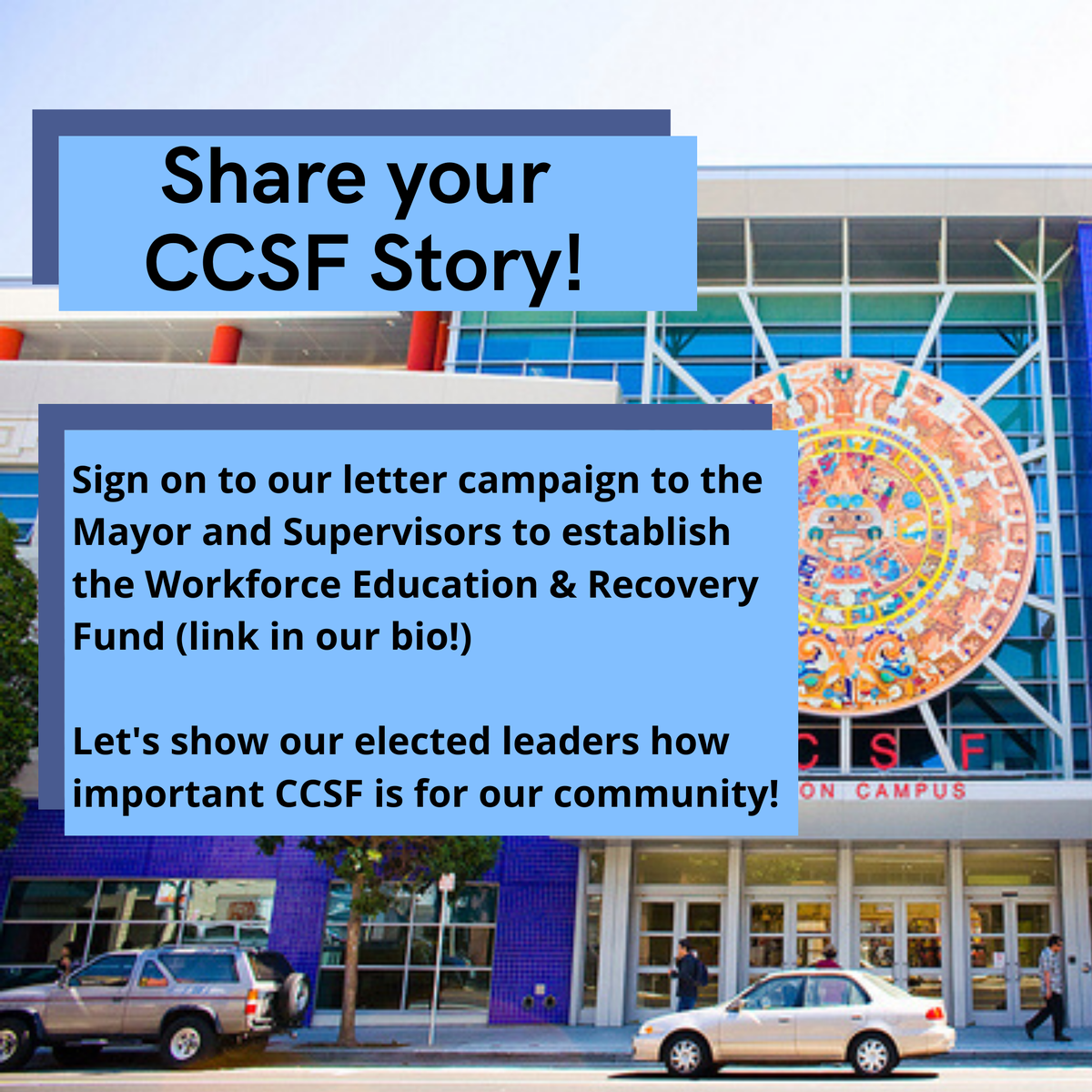 AFT2121's tweet image. We want to hear how CCSF has reached your life and why we need public education now more than ever, specially for the economic recovery of our City! We are advocating for more resources through the #WorkforceEducationRecoveryFund. 

#PayItForward #CCSFgrateful #NoPlaceLikeCity