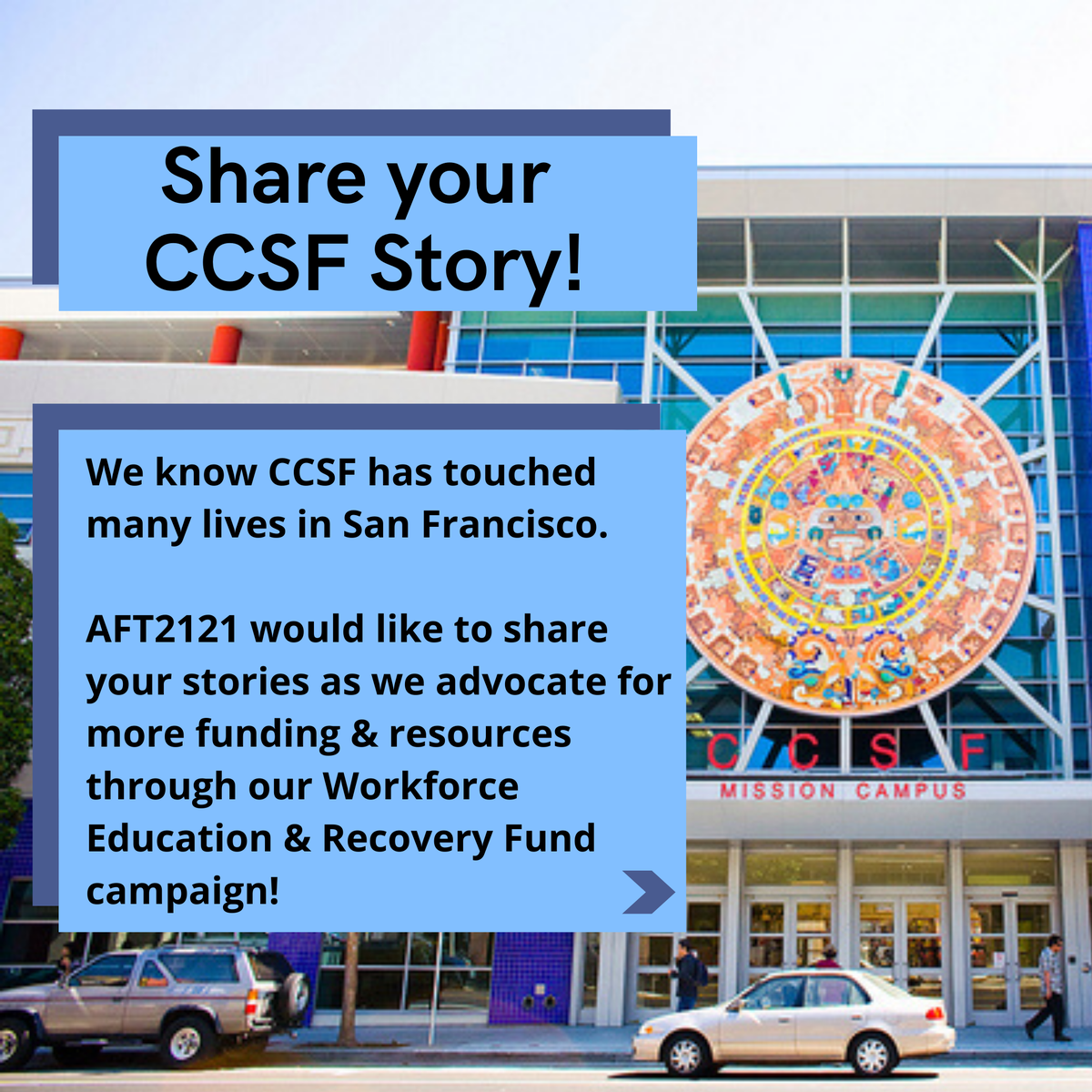 AFT2121's tweet image. We want to hear how CCSF has reached your life and why we need public education now more than ever, specially for the economic recovery of our City! We are advocating for more resources through the #WorkforceEducationRecoveryFund. 

#PayItForward #CCSFgrateful #NoPlaceLikeCity
