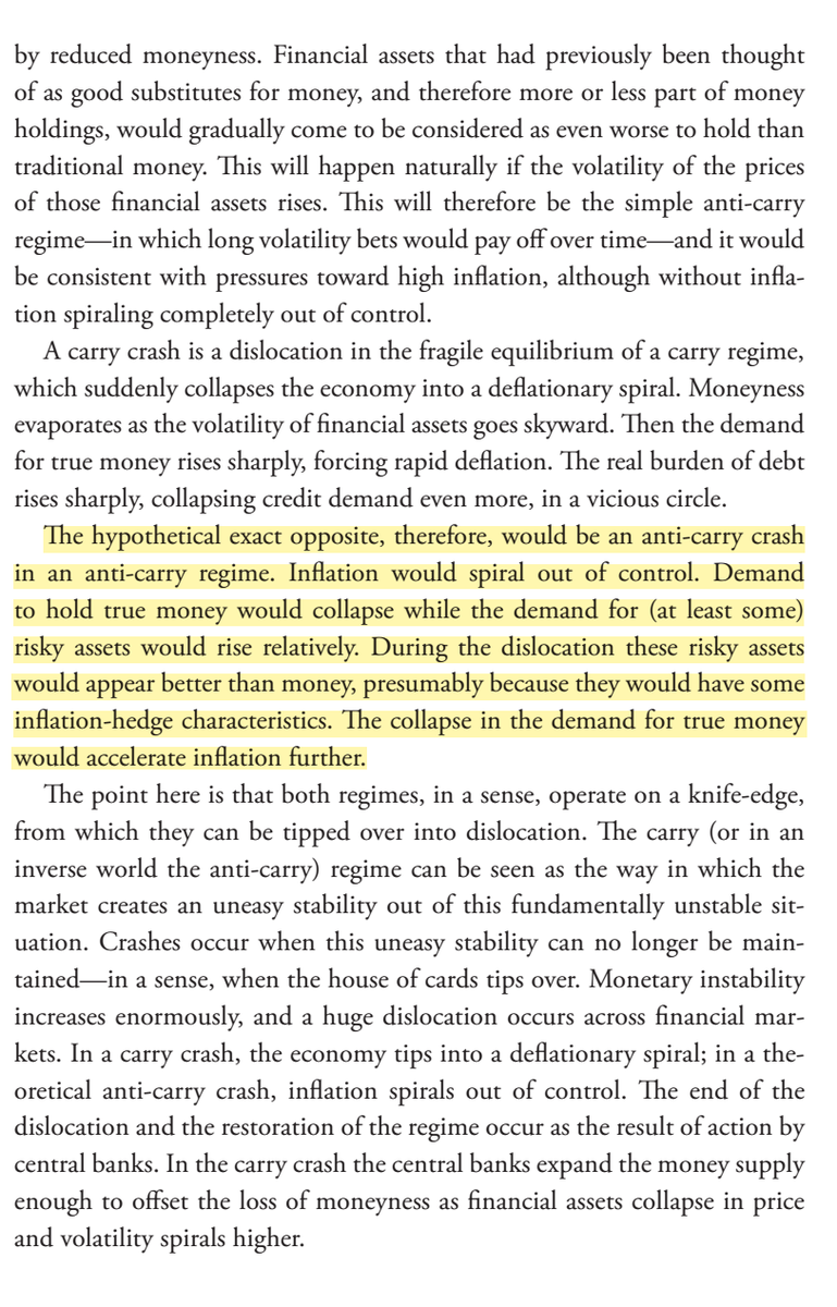 59/ "The hypothetical opposite would be anti-carry: inflation out of control. Demand for true money would collapse. The demand for (at least some) risky assets would rise relatively. During the dislocation, risky assets would appear better than money as inflation hedges." (p.170)