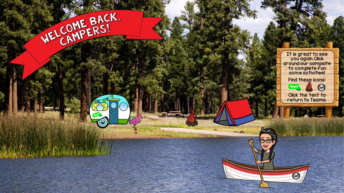 PandasRead's tweet photo. First try at a @Bitmoji scene. Some welcome back activities for students with our camping theme. This may become a new obsession...you've been warned. #DCPSAppSmashSummit #CampDuvalHomeRoom @Edtechjohnlewis, @DuvalSchools @DCPSInTech https://t.co/HKyiipuRWw