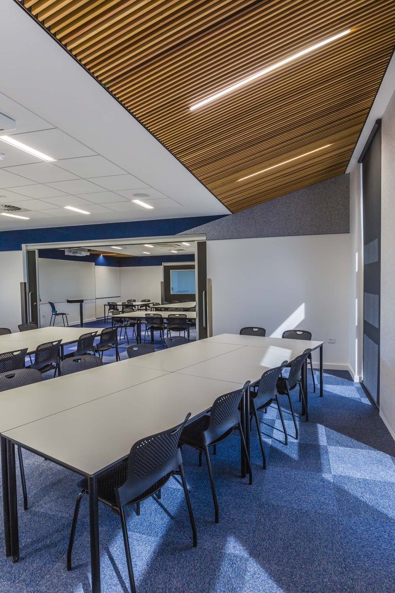 decorsystemsAU's tweet photo. No detail was overlooked; the timber grains all line up perfectly and the various shapes fit together seamlessly, adding a stunning feature to this new teaching space. 
https://t.co/j5G55t940R
#college #schools #acoustic #architecture #interiordesign #decoration  #bespoke https://t.co/38dRvuUpgx