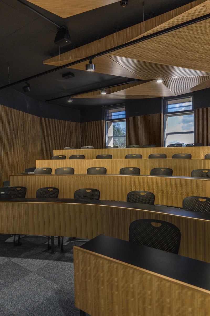 decorsystemsAU's tweet photo. No detail was overlooked; the timber grains all line up perfectly and the various shapes fit together seamlessly, adding a stunning feature to this new teaching space. 
https://t.co/j5G55t940R
#college #schools #acoustic #architecture #interiordesign #decoration  #bespoke https://t.co/38dRvuUpgx