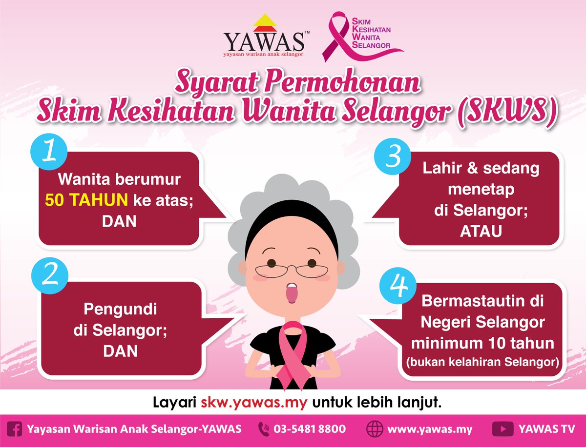 yawasselangor's tweet photo. 𝗦𝗬𝗔𝗥𝗔𝗧 𝗣𝗘𝗥𝗠𝗢𝗛𝗢𝗡𝗔𝗡 𝗦𝗞𝗜𝗠 𝗞𝗘𝗦𝗜𝗛𝗔𝗧𝗔𝗡 𝗪𝗔𝗡𝗜𝗧𝗔 𝗦𝗘𝗟𝗔𝗡𝗚𝗢𝗥 (𝗦𝗞𝗪𝗦)
Berikut merupakan syarat baharu permohonan Skim Kesihatan Wanita Selangor (SKWS), Untuk maklumat lanjut sila layari https://t.co/TNUpvgPQn4
#SkimKesihatanWanitaSelangor
#YAWAS https://t.co/j75trcjnDD