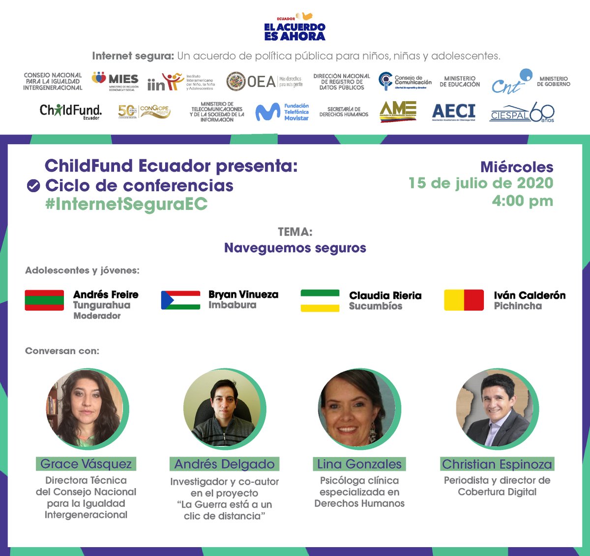 ChildFundEc's tweet photo. Es importante conocer cómo te puedes proteger de los riesgos que pueden existir en Internet.

#ChildFundEcuador y @CN_Igualdad te invita a participar en su conversatorio #NaveguemosSeguros 
Miércoles, 15 de julio de 2020 - 16:00 horas

Regístrate aquí: https://t.co/mdYkVIpRrM https://t.co/lu74hvHdnh