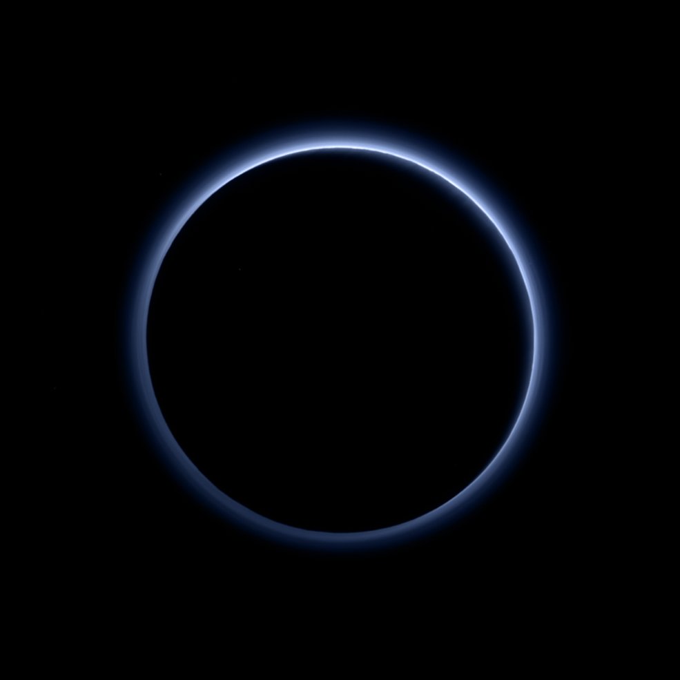 And as if in a grand finale, New Horizons snapped one of the most hauntingly beautiful images of Pluto yet: blue hazes surrounding the silhouette of this beautiful world in a photo backlit by the Sun. One of my favorites (10/n)