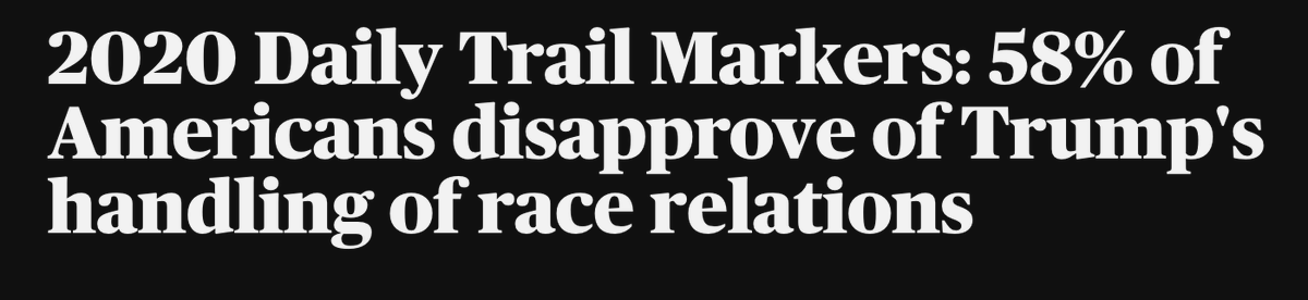 As for race relations, there 58% of Americans are ready to  #findsomethingnew  https://www.cbsnews.com/news/2020-daily-trail-markers-58-of-americans-disapprove-of-trumps-handling-of-race-relations/