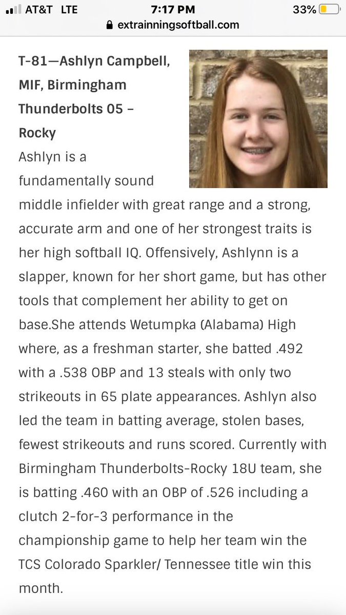 ashlynncamp5's tweet photo. Thanks @ExtraInningSB for the ranking in the top 100 2023 players in the country! Thanks to everyone for their support! ⚡️ @bolts05 @WetumpkaSoftba1 @Los_Stuff #boltsboom https://t.co/eyxjyZEk99