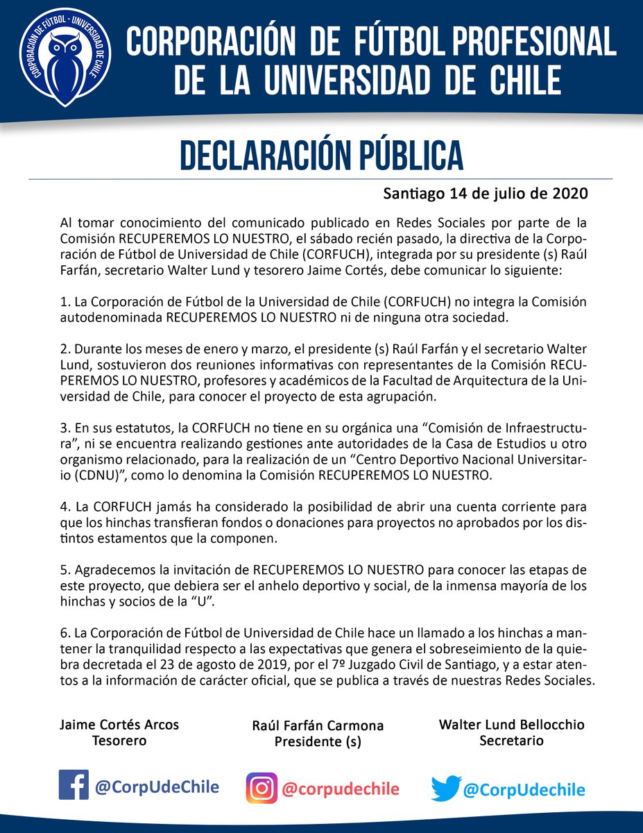 Declaración Pública de la Corporación Fútbol Universidad de Chile (CORFUCH).