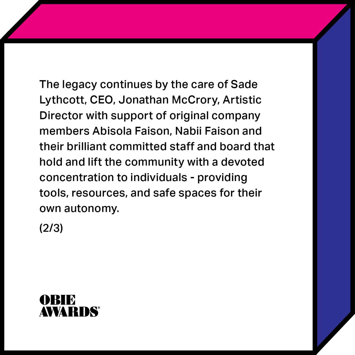 obieawards's tweet photo. For creating metamorphic art that reframes the often distorted narratives of Black life, the judges have awarded an Obie for Sustained Excellence in Production and continued Advocacy on behalf of Black Artists to @NatBlackTheatre. #ObieAwards https://t.co/PupGIO7QuK https://t.co/EOq134YdD7