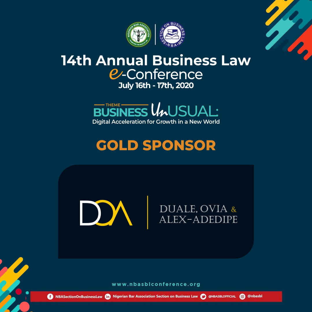 doa_law's tweet photo. We are proud to be a Gold Sponsor of the 14th Annual #BusinessLaw e-Conference themed "Business Unusual" #Digital Acceleration for Growth in a New World"
To learn more and register, visit: https://t.co/eHUndv9hYe.
#NBASBL2020 #Nigeria #VirtualActive #SBLVirtualActive https://t.co/qaWOZCGEec