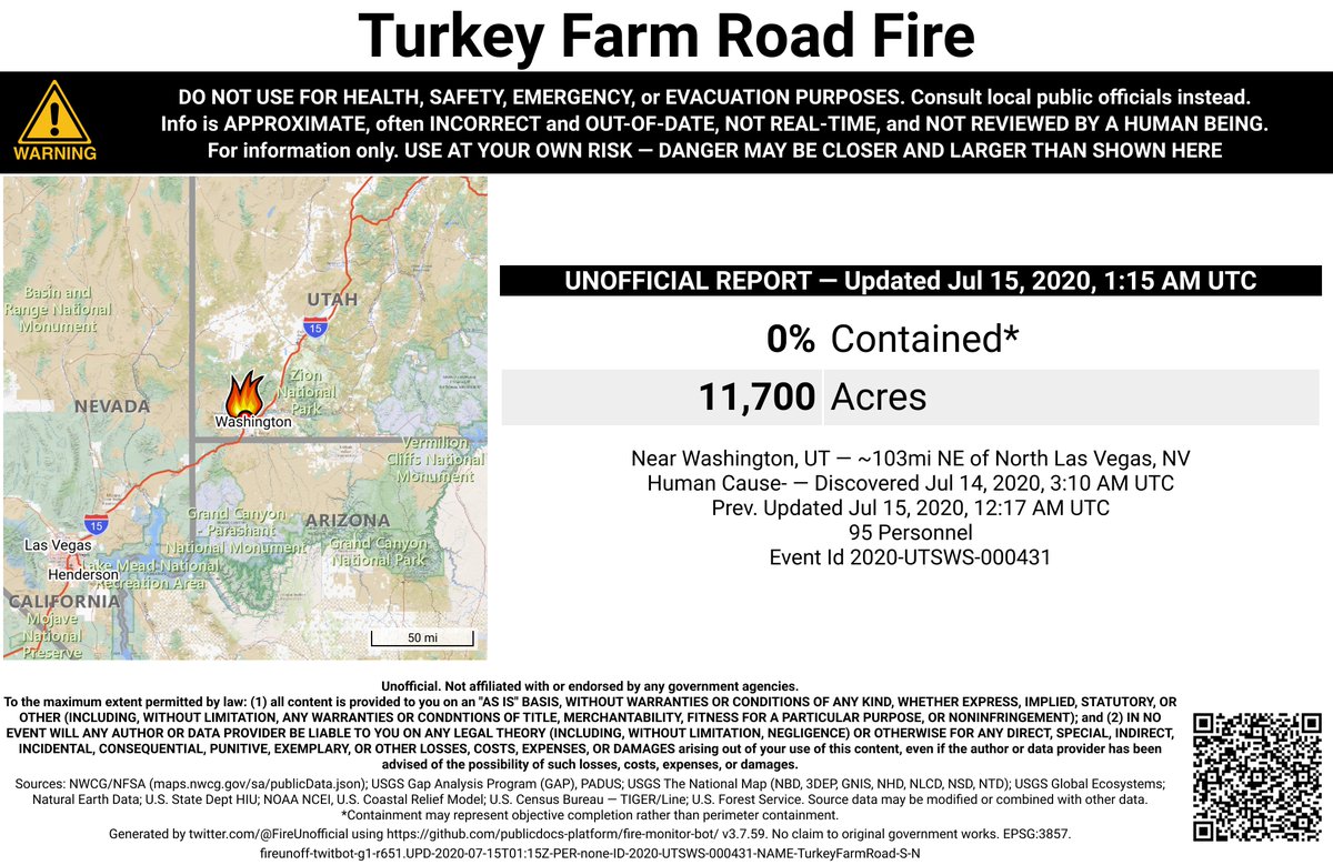 UtahNevFireBot's tweet image. #TurkeyFarmRoadFire 🔥 unofficial, automated update.
Near Washington, UT. ⚠️ DO NOT USE FOR SAFETY PURPOSES - See officials instead. May be incorrect; disclaimers in images.