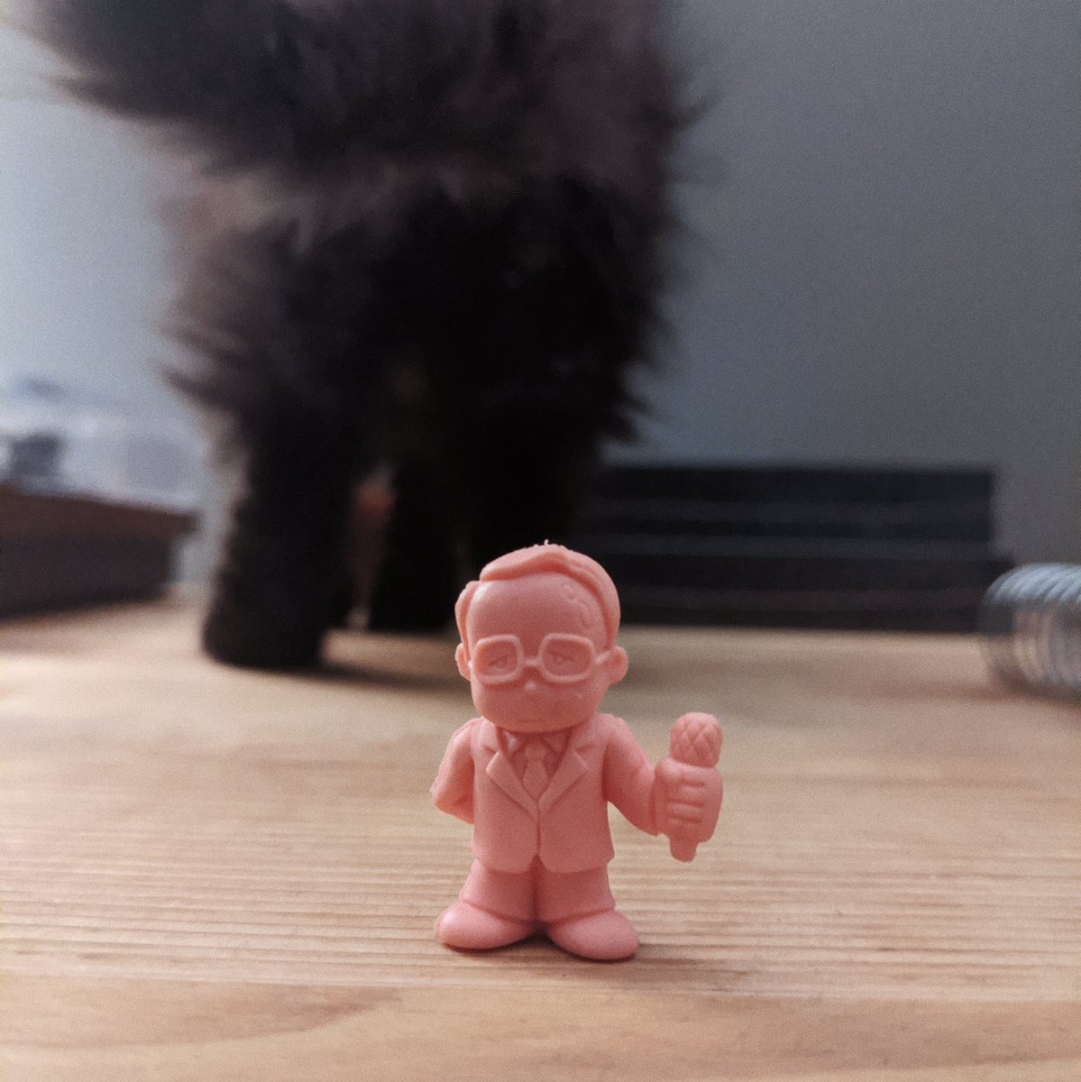 Sid loves nothing more than to menace this little dude. Simply cannot abide him standing up. He comes up here just to find him and knock him over. I even moved him to another spot on the desk. Immediately hunted down.