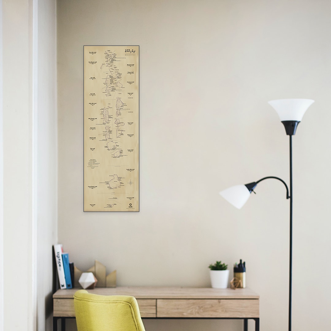 Eatolls Maps Ready for your wall, Vintage basic edition 3x1ft comes with 3mm form board. Information on basic editions: inhabited islands, airports, names of the main sea channels. #mapofmaldives #printmap #eatollsprintmap #eatollsmap #eatolls