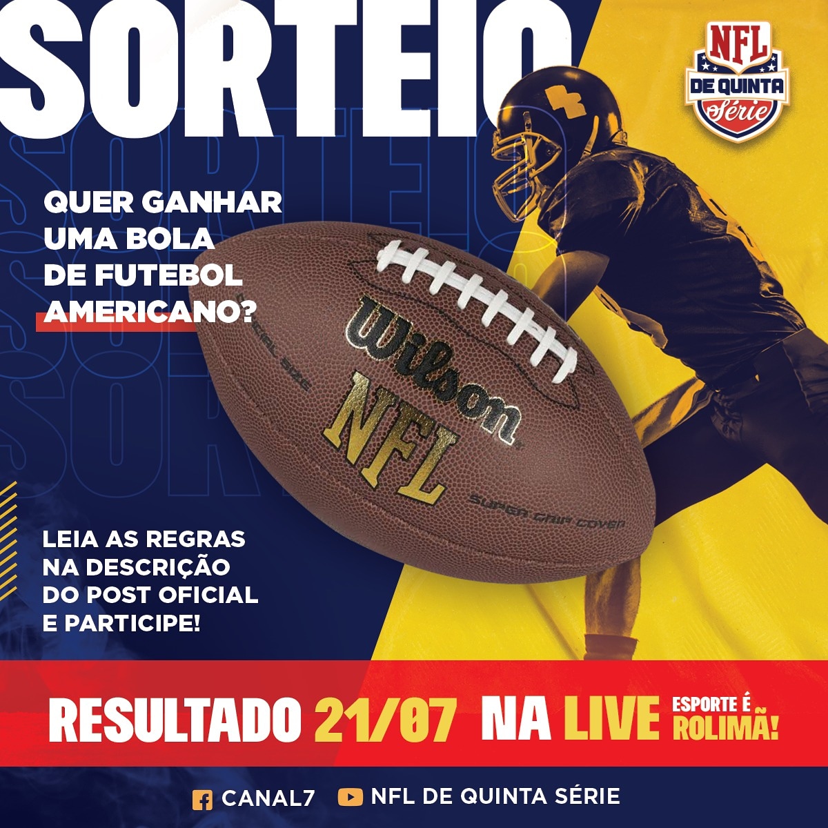 NFLde5serie's tweet photo. Quer ganhar uma bola de futebol americano?!
.
.
Corre que da tempo. 
Procura o post oficial no Instagram @NFLde5serie e participe da promoção. 
.
.
.
.
#nfl #nflalive #nflnews #bolaoval #futebolamericano #fabr #madden #sorteio #live https://t.co/dxkKrMsI7N