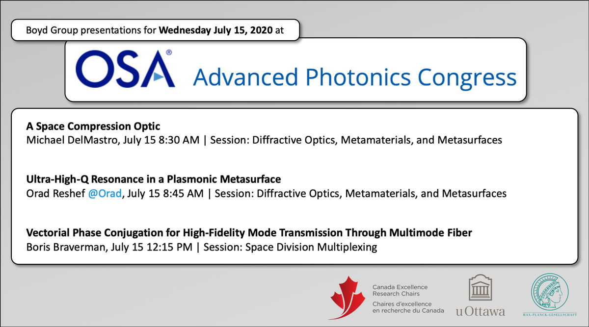 Three more #photonics talks by our group today at #OSAPhotonics20 today, including one by @Orad. 

Read the preprints for Michael's talk on @arXiv here:
arxiv.org/abs/2002.06791

and for Orad's talk here:
arxiv.org/abs/2004.05202