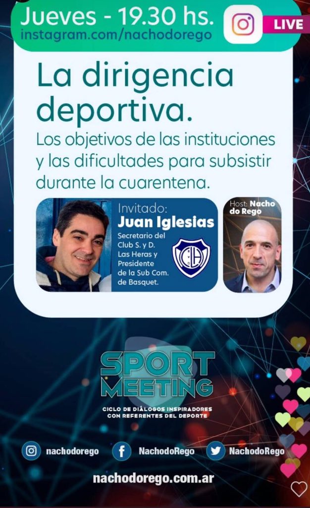 Los dirigentes de instituciones deportivas tenemos el desafío 🏋🏻💪🏻 de superar la cuarentena. 
Plantear nuevos objetivos para que los clubes sigan ocupando el rol formativo que llevan a cabo en la comunidad. Te invito el jueves a pensarlo juntos. <a href="/BasquetCSyDLH/">Las Heras Basquet</a>