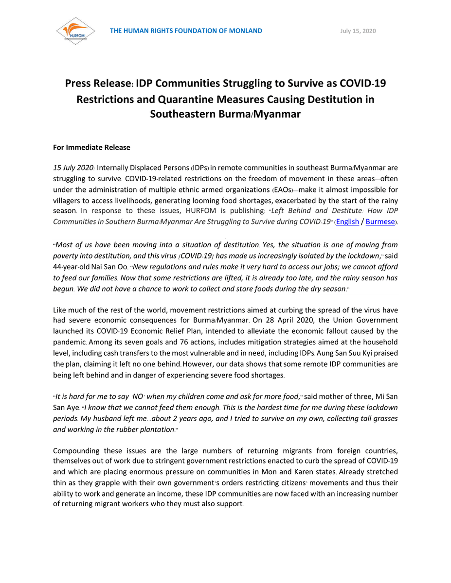 NDBurma's tweet photo. Despite claims by #DAASK that the government’s COVID-19 Economic Relief Plan would leave no one behind – @HURFOM data and analysis indicates the opposite in their new report: Left Behind and Destitute.
Eng: https://t.co/WUkhq9PSXa
Bur: https://t.co/CyQlUbhftA https://t.co/San7KuzlbM