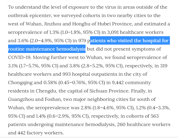 10/n The study only tested two groups: healthcare workers and people on dialysisNow, Ioannidis excludes any testing on healthcare workers, but dialysis patients are...fine?