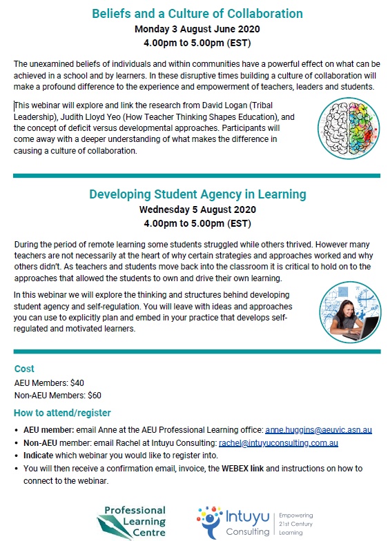 I will be partnering with the AEU to deliver a range of webinars in August for teachers and school leaders. My promise to you is that you will leave each webinar with new ways of thinking about what you are experiencing in your school