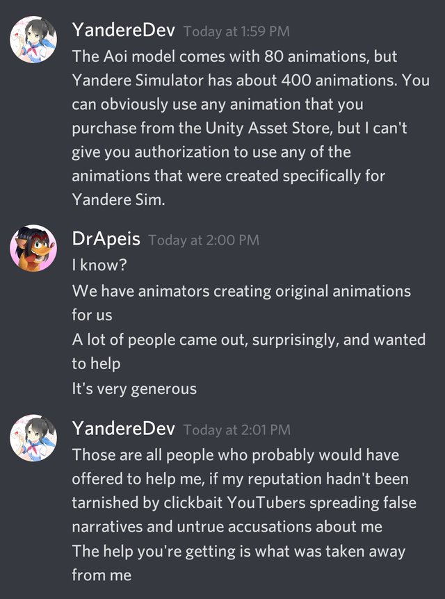 It's not true that he suicide baits but then he spends the rest of the post suicide baiting Side note; Last screen is of DrApeis telling Alex that he 100% did not rip YanSim's original assets like Alex says he did.  #YandereDev  #RIPYandereDev  #YandereSimulator