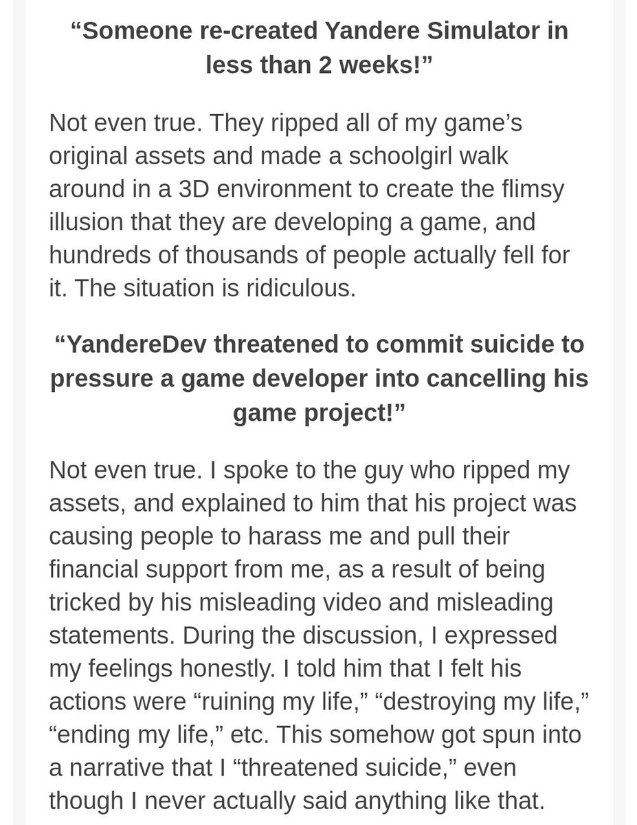 It's not true that he suicide baits but then he spends the rest of the post suicide baiting Side note; Last screen is of DrApeis telling Alex that he 100% did not rip YanSim's original assets like Alex says he did.  #YandereDev  #RIPYandereDev  #YandereSimulator