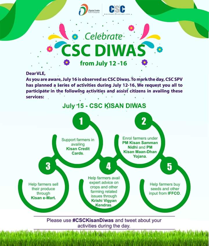 CSCGOLAGHAT's tweet photo. CSC ASSAM celebrating #CSCKisanDiwas today #15thJuly2020, किसान की उन्नति, देश की प्रगति है। 
We request all CSC-VLEs to participate in the following activities and assist citizens in availing these services:
@dintya15 @CSCegov_ @CSCAssam1 @academy_csc @Jugantaukb @Syedwasim334 https://t.co/LOUl5cMnHI
