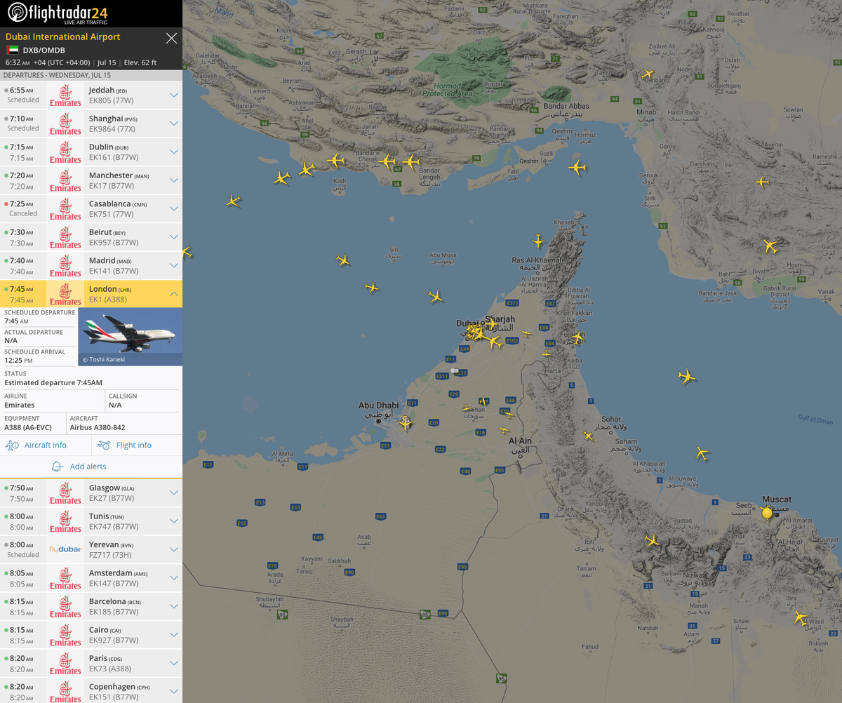 flightradar24's tweet photo. In a few hours, @emirates will restart A380 flights after a nearly four month halt. Follow #EK1 to London and #EK73 to Paris. https://t.co/reuTLuYTKh https://t.co/W4UYQTWuCa