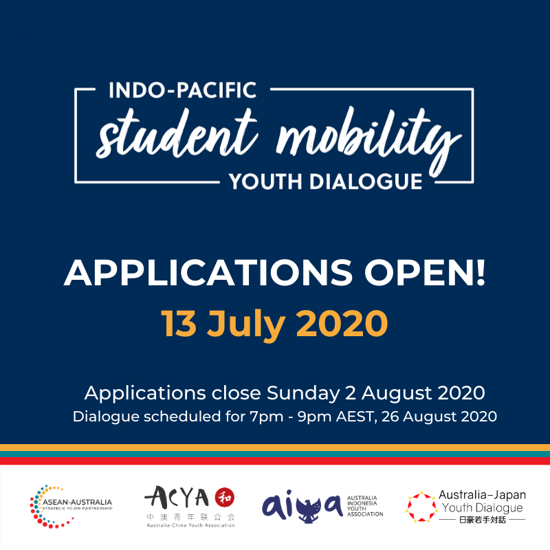 Applications for the Indo-Pacific Student Mobility Youth Dialogue on 26 August are now open. With student mobility on hold, it's a great opportunity to discuss & reimagine what international education & mobility could be. Apply now: aasyp.org/mobility-dialo…. #mobilitydialogue2020