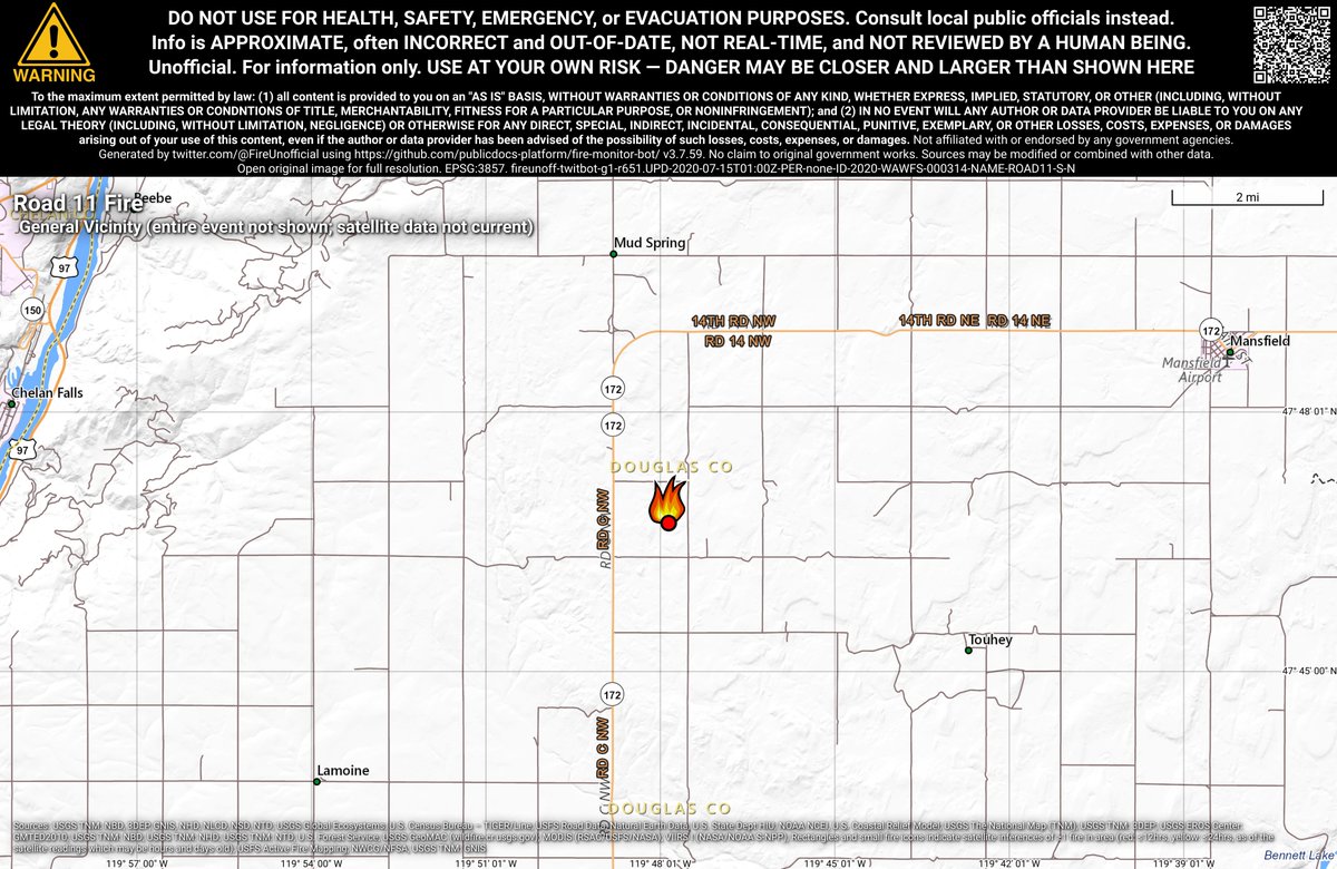 PacNWFireBot's tweet photo. #Road11Fire 🔥 unofficial, automated update.
~7mi WSW of Mansfield, WA. ⚠️ DO NOT USE FOR SAFETY PURPOSES - See officials instead. May be incorrect; disclaimers in images. https://t.co/kfHbEM2t06